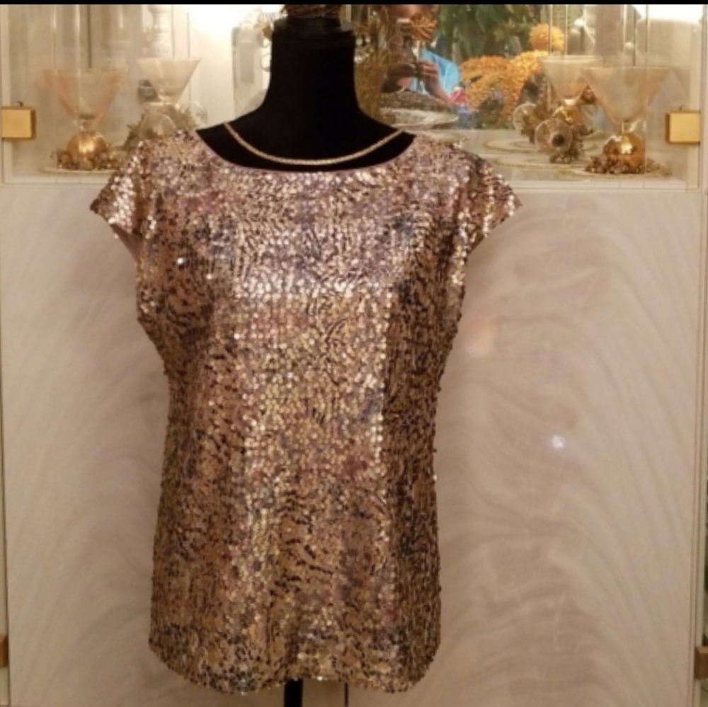 Rachel Zoe Metallic Gold Bronze/Brown Sequin Top Size: M
